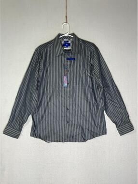 Egara Men's Wearhouse Gray Striped Button Up Shirt Non-Iron Slim Fit Mens Size L